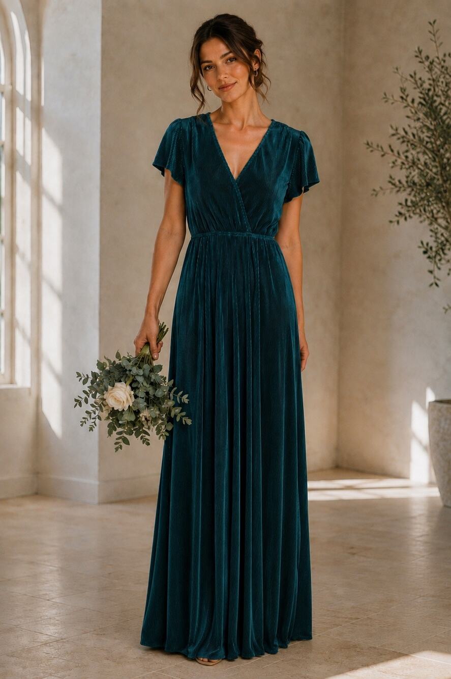 Baltic Born Athena Teal Pleated Velvet Maxi Dress Bridesmaid Wedding Size Small